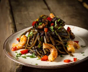 Linguines aux crevettes et à la sauce noire de truffe